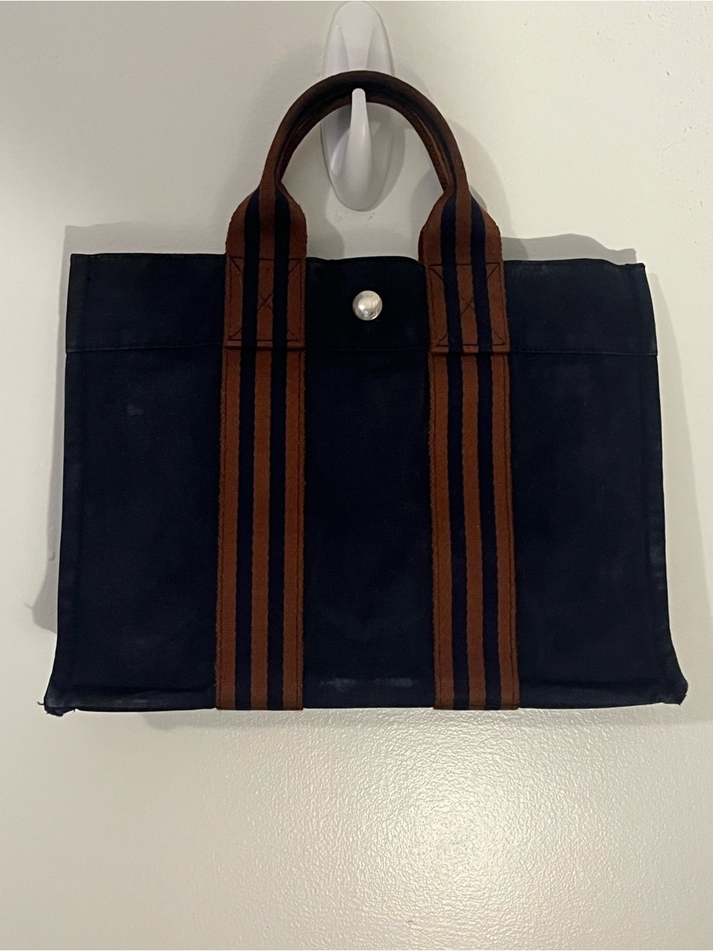Vintage Hermès Fourre-Tout PM Navy Brown Canvas Tote Bag Made in France